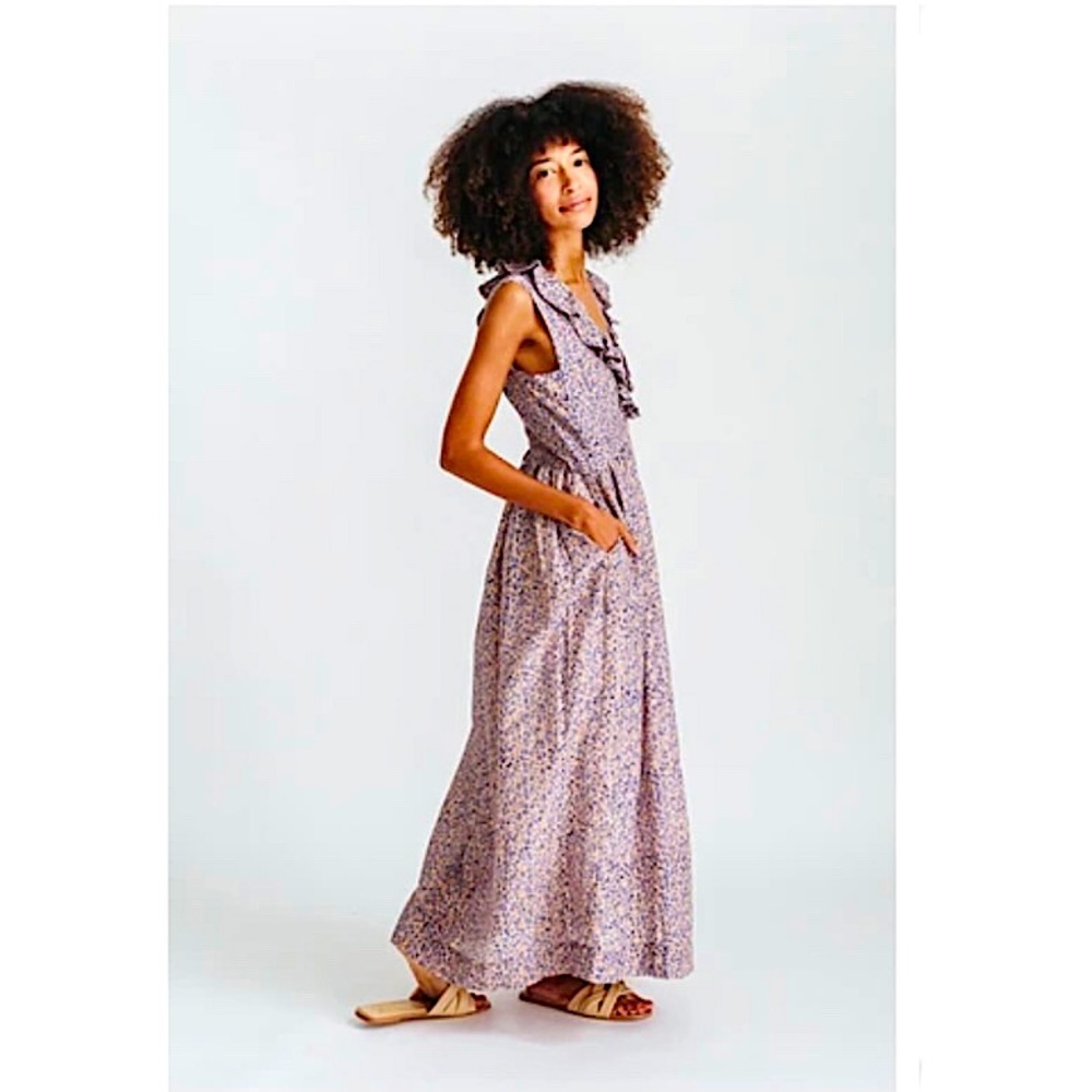 Sleeveless Lavender Floral Maxi Dress with Ruffle Trim - Picture 1 of 16